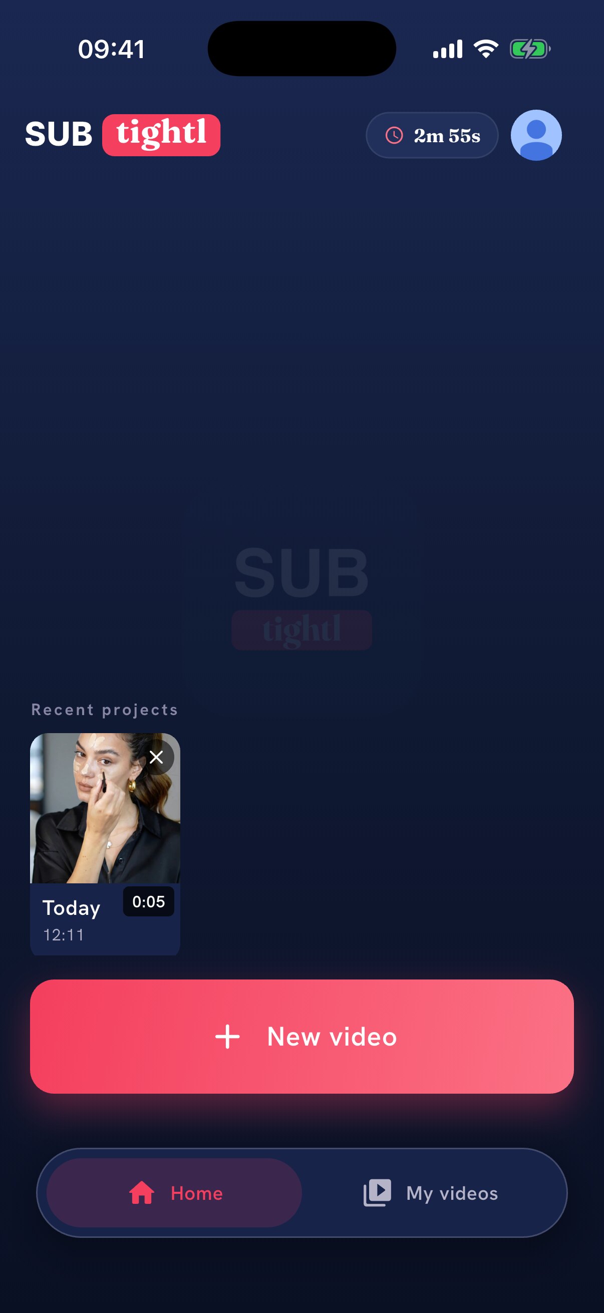 Subtightl home screen with the New video button and a recent project