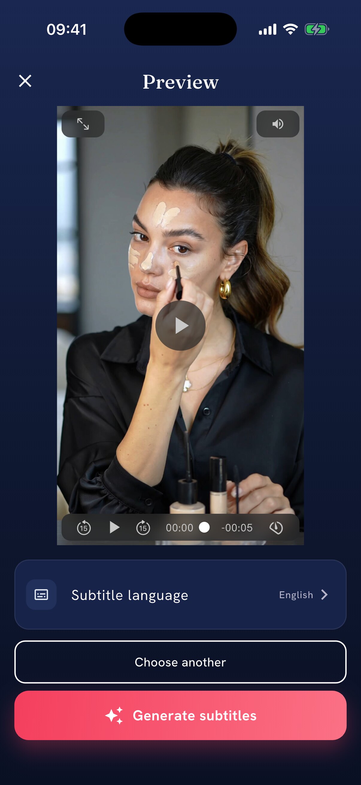 Subtightl preview of the picked clip with the Subtitle language row and the Generate subtitles button